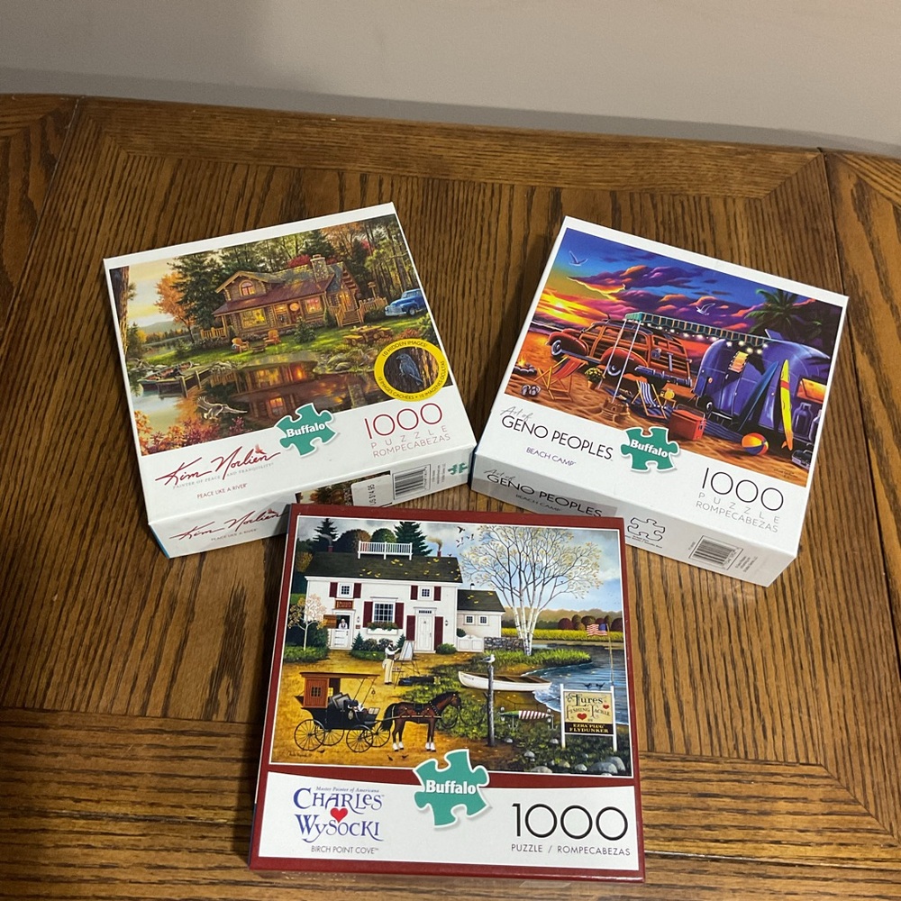 3 Buffalo 1000-Piece Puzzles 🧩 birch pt cove, beach camp, peace like a river